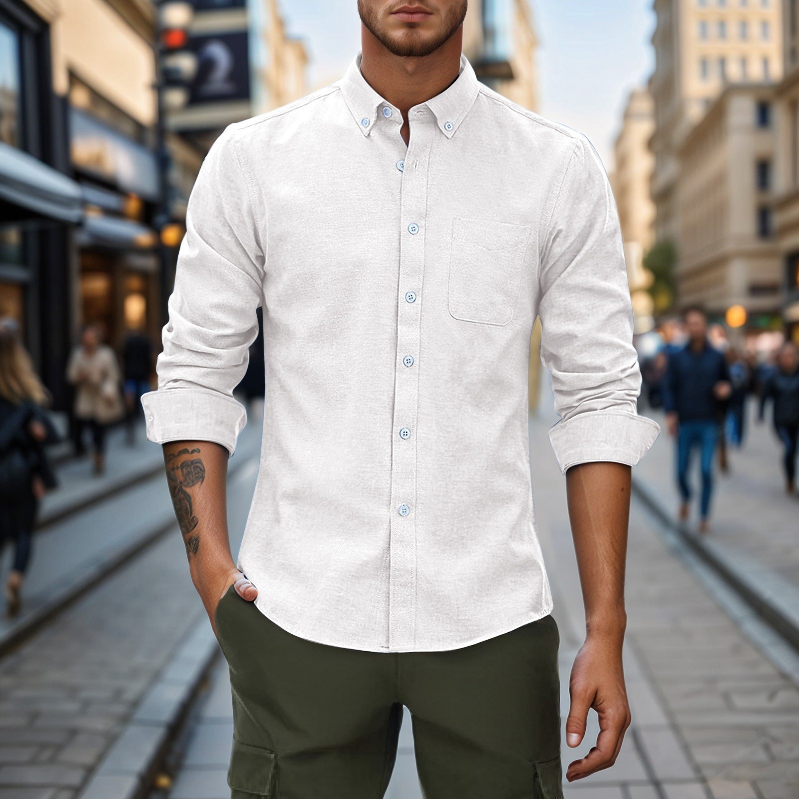 thumbnail image 2 of Camisa Oxford de manga larga para hombre: diseño minimalista, 40 % poliéster, informal para la playa/el trabajo, estampado floral, lavable a máquina, 2 of 4